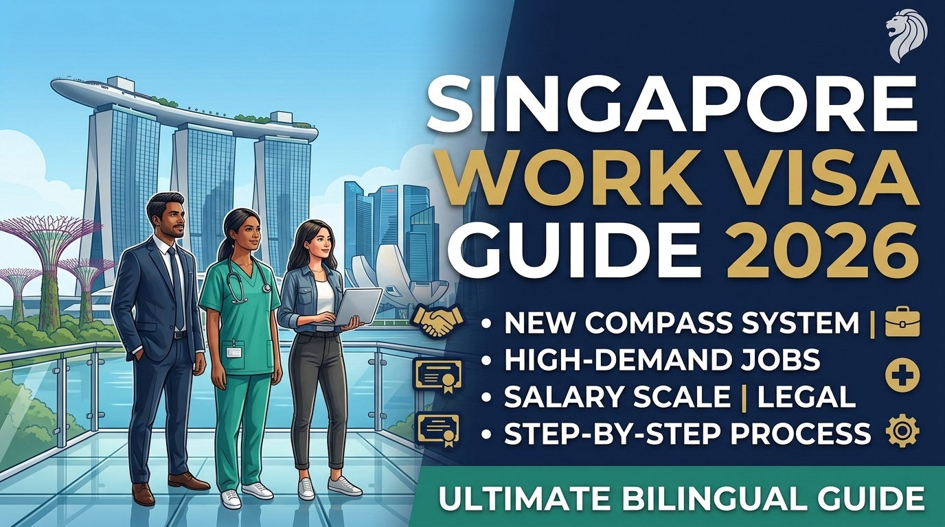 Professional guide for Singapore Work Visa 2026 showing Marina Bay Sands and global workers in medical, corporate, and tech attire with COMPASS system details.